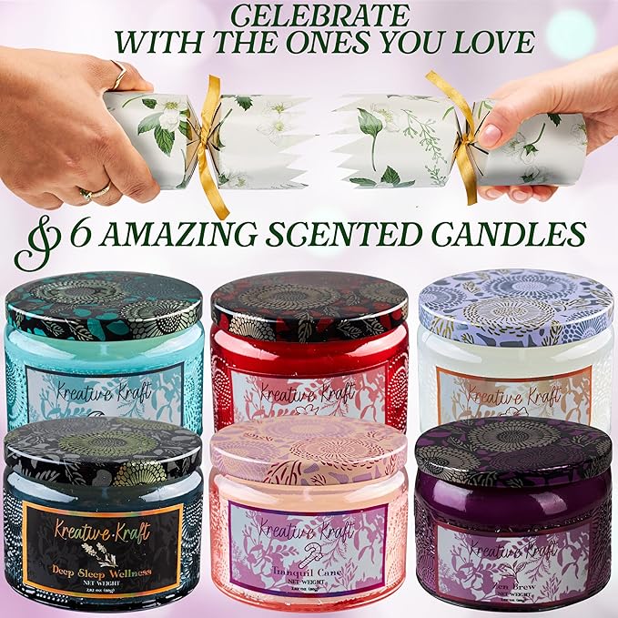 KreativeKraft Luxury Scented Candles Christmas Crackers Aromatherapy No-Snap 6 Pack Party Favors Hats Jokes Christmas Decorations Holiday Gift (Multi Candle)