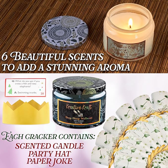 KreativeKraft Luxury Scented Candles Christmas Crackers Aromatherapy No-Snap 6 Pack Party Favors Hats Jokes Christmas Decorations Holiday Gift (Multi Candle)
