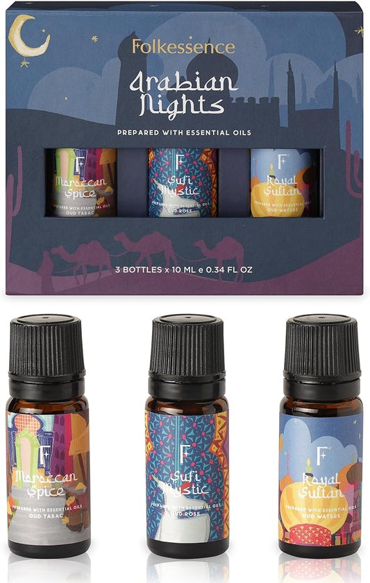 Folkulture Essential Oils Set for Diffuser | Pack of 3 Exotic Aromatherapy Oils | Oud Rose, Oud Tobacco & Amber Scents | Home Fragrance Gift Set for Relaxation & Eid Gifts | Arabian Nights