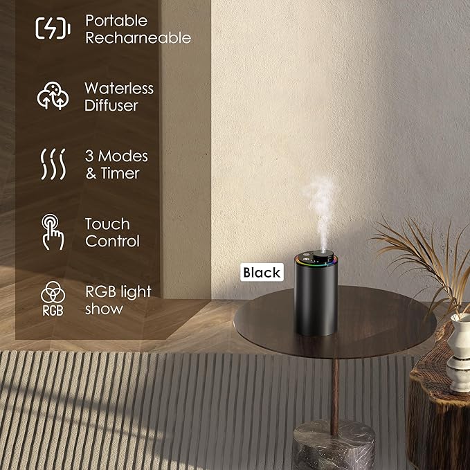 Waterless Essential Oil Diffuser, Portable Aromatherapy Diffuser,3 Countdown Timers & 3 Mist Levels for Home, Room, Car, Office