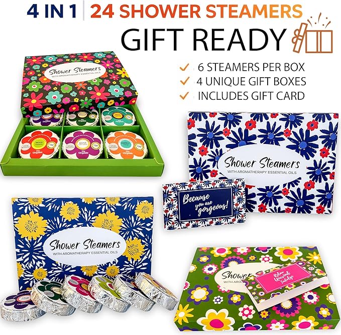 Shower Steamers for Women, Mothers Day Gift for Mom, 24pc Shower Bombs Aromatherapy Gift Set w/Organic Essential Oils. Shower Melts, Bath Bombs for Shower, Birthday Gifts, 4 Boxes of Pack of 6