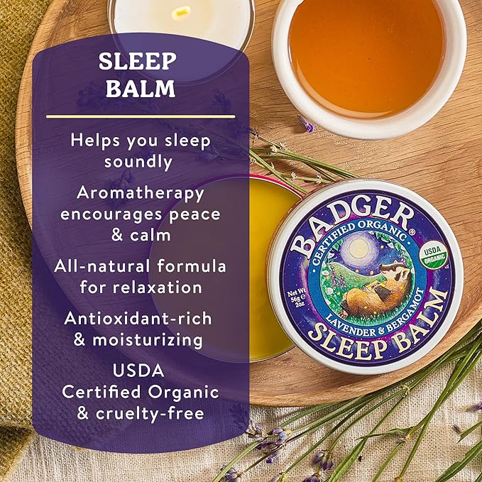 Badger Sleep Balm, Organic Essential Oil Aromatherapy Natural Sleep Balm for Adults & Kids, Relaxing & Calming Lavender & Bergamot Natural Sleep Support, .75 oz Tin, 2-Pack