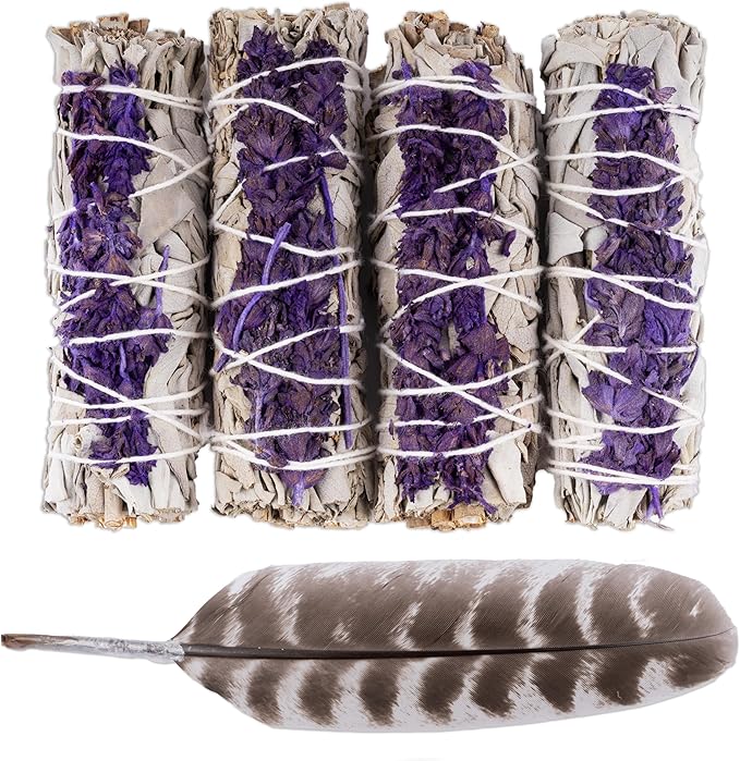 4 pc Lavender Sage Smudge Sticks with Turkey Feather – 4” Lavender Sage Bundle for Home Cleansing, Energy Healing, Meditation, Reiki, and Clearing Negative Energy- Includes Smudging Guide