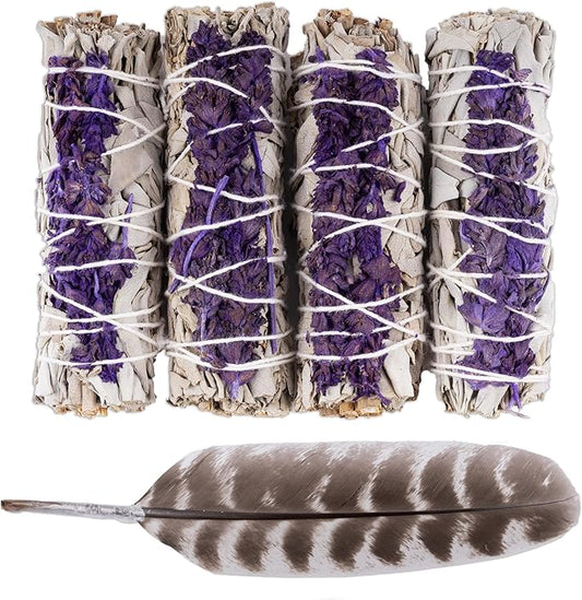 4 pc Lavender Sage Smudge Sticks with Turkey Feather – 4” Lavender Sage Bundle for Home Cleansing, Energy Healing, Meditation, Reiki, and Clearing Negative Energy- Includes Smudging Guide