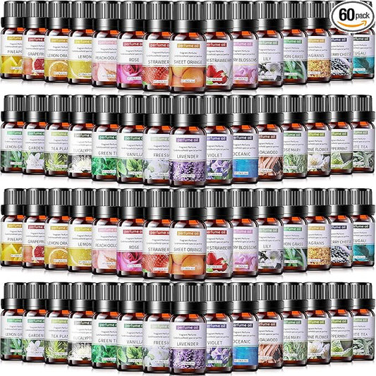 Nuanchu 60 Essential Oils Set Aromatherapy Natural Essential Oil Kit for Diffuser Candle Soap Making Massage Skin Care Sandalwood Eucalyptus Lavender Tea Tree Peppermint Aromatherapy Oil