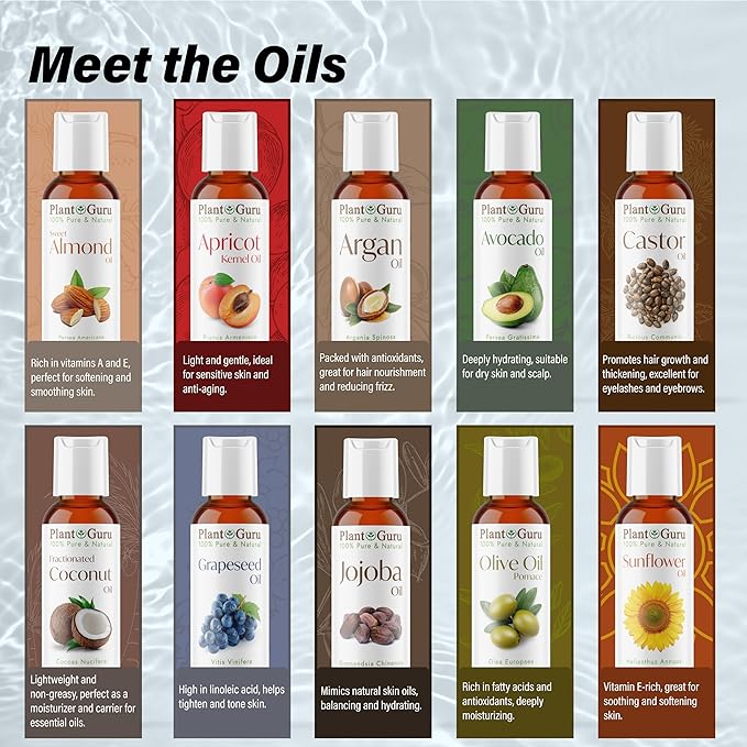 Top 10 Carrier Oil Variety Set 2 oz - Cold Pressed 100% Pure Natural, Sweet Almond, Apricot Kernel, Argan, Avocado, Castor, Fractionated Coconut, Grapeseed, Jojoba, Olive and Sunflower.