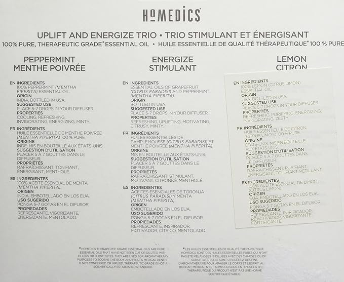 Homedics Essential Oil Set, Uplift and Energize with Lemon Citrol, Peppermint Menthe Poivree, and Energize Stimulant. 3-Pack Essential Oil Kit for Diffusers, 15ml Each