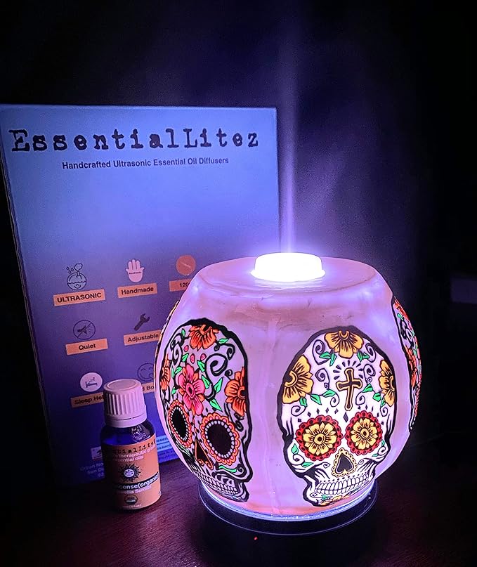 Essential Oil Diffuser Ultrasonic Handcrafted 120ml Aroma Essential Oil Cool Mist Humidifier with Adjustable Mist Mode, Auto Shut-Off and 7 Color LED Lights Changing (Sugar Skull)