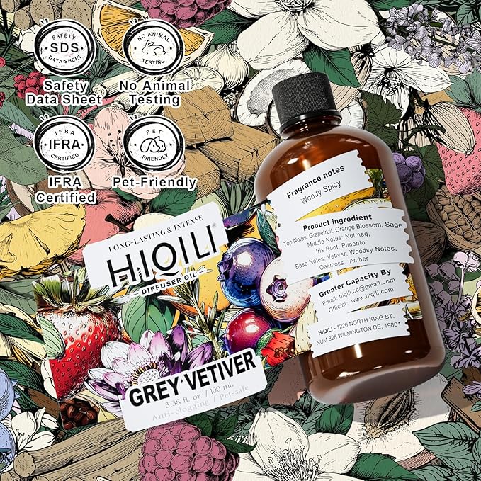 HIQILI Grey Vetiver Diffuser Oil, Fast Diffusion for Large Spaces, Pet - Safe, Suitable for Home and Other Scenarios - 3.38 Fl Oz