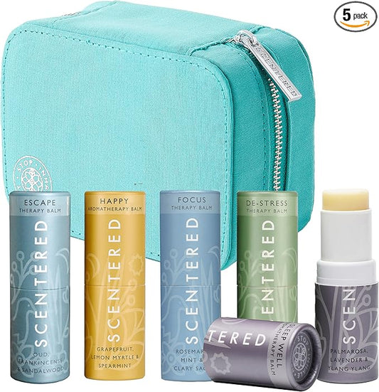 Scentered Aromatherapy Balm Stick Gift Set with Travel Pouch - Sleep, Focus, Stress-Relief, Mood Boost & Calm - Premium Essential Oil Blends: Lavender, Chamomile, Rosemary, Cedarwood, Ylang Ylang