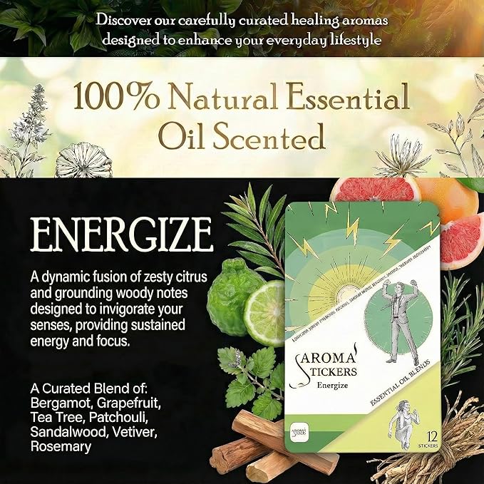 AROMA STICKERS® Original Blend Energize - 100% Natural Essential Oil Scented - Diffuser Sticker - Aromatherapy Stickers for Personal Space - Towels, Face Mask & Pillow - (Pack of 1, 12 Stickers)