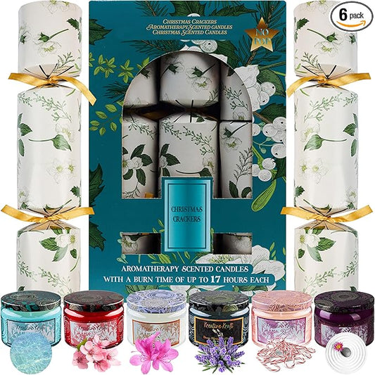 KreativeKraft Luxury Scented Candles Christmas Crackers Aromatherapy No-Snap 6 Pack Party Favors Hats Jokes Christmas Decorations Holiday Gift (Multi Candle)
