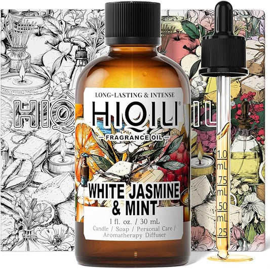 HIQILI White Jasmine & Mint Fragrance Oil for Diffuser, Candle, Soap & Perfume Making, Floral Herbal Scent with Fresh Tea Notes, Long-Lasting Scent - 1 Fl Oz