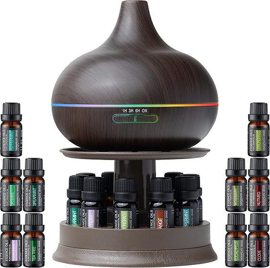 Pure Daily Care Ultimate Aromatherapy Diffuser with Essential Oil Set - 300ml Ultrasonic Diffuser, 4 Timer & 7 Ambient Light Settings - 10 Therapeutic Grade Essential Oils - Oak Wood with Stand