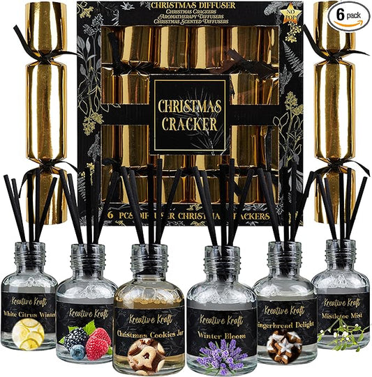 KreativeKraft Luxury Reed Diffuser Christmas Crackers, No-Snap 6 Pack Fragrance Party Favors with Hats & Jokes, Christmas Decorations Holiday Gift (Multi Diffuser)