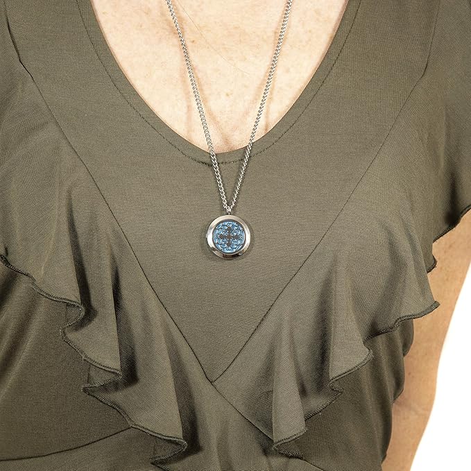 Wild Essentials Cross Essential Oil Diffuser Necklace, Stainless Steel Locket Pendant with 24 inch Chain, 12 Color Refill Pads, Customizable Color Changing Perfume Jewelry for Aromatherapy