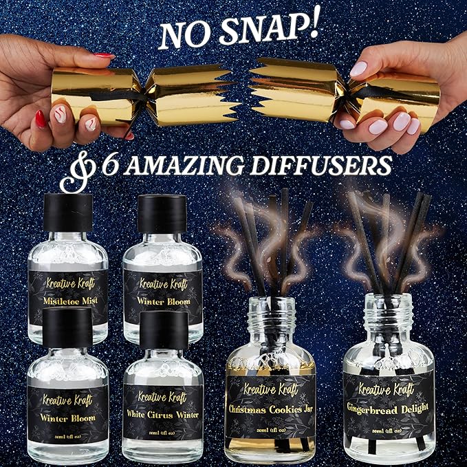 KreativeKraft Luxury Reed Diffuser Christmas Crackers, No-Snap 6 Pack Fragrance Party Favors with Hats & Jokes, Christmas Decorations Holiday Gift (Multi Diffuser)