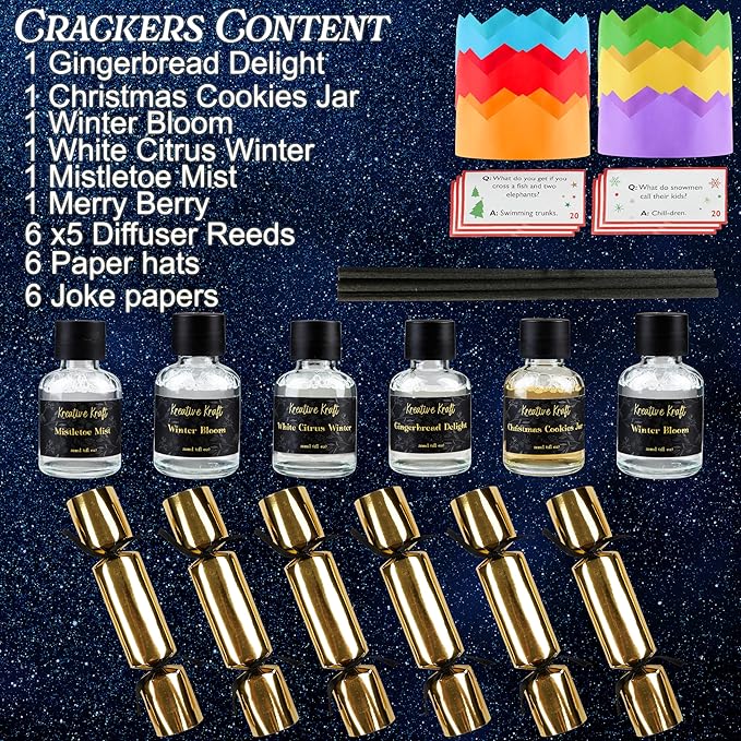 KreativeKraft Luxury Reed Diffuser Christmas Crackers, No-Snap 6 Pack Fragrance Party Favors with Hats & Jokes, Christmas Decorations Holiday Gift (Multi Diffuser)